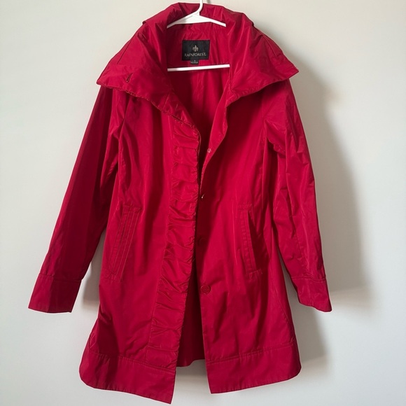 Rainforest Bold Red Hidden Hood Water Resistant Women’s Long Raincoat - Picture 1 of 14